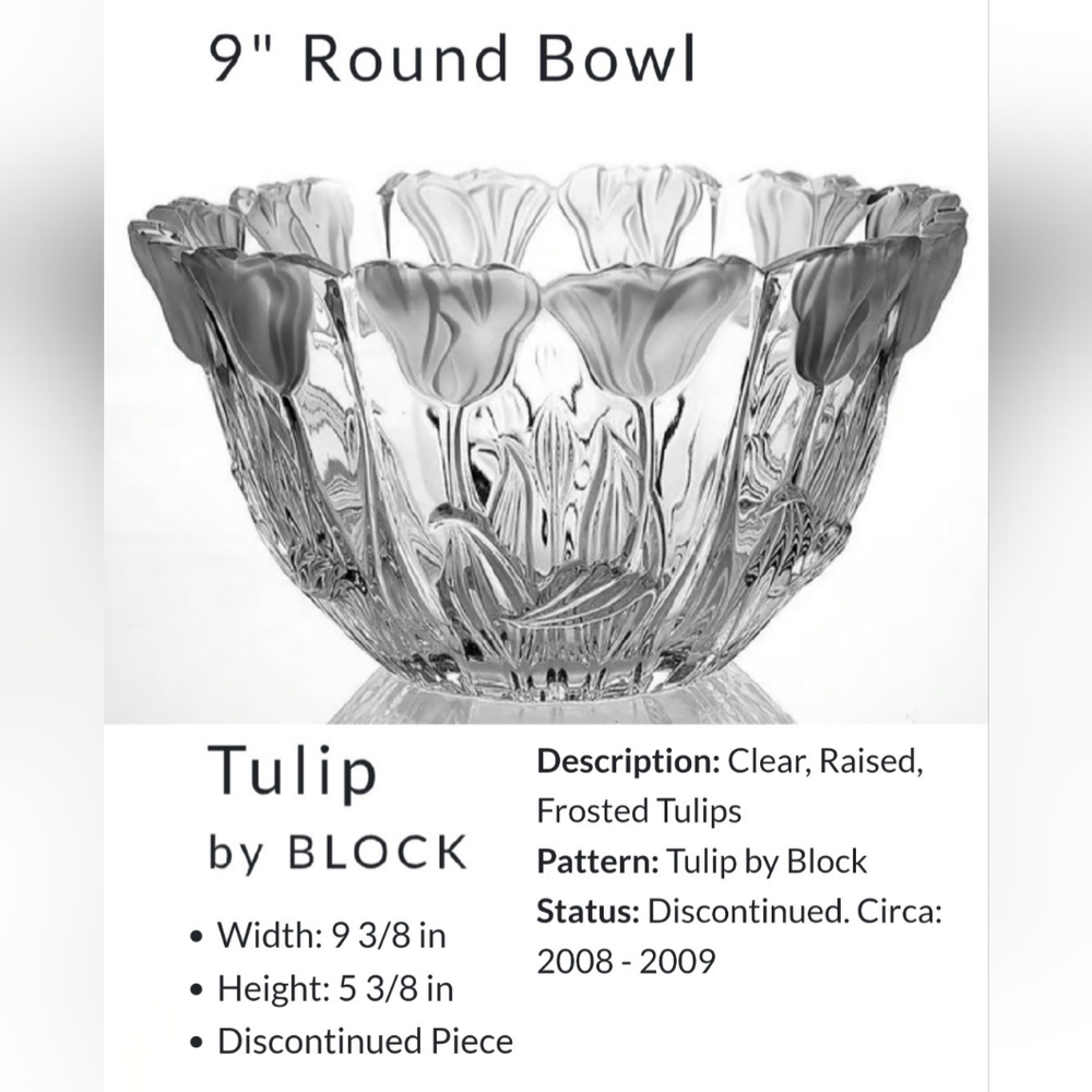 9 3/8" 24% Lead Crystal Tulip Clear Frosted Raised Bowl by Block Made in Poland - Picture 12 of 13